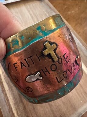 Faith Hope Love Brass Copper & Turquoise Accent Cuff Bracelet